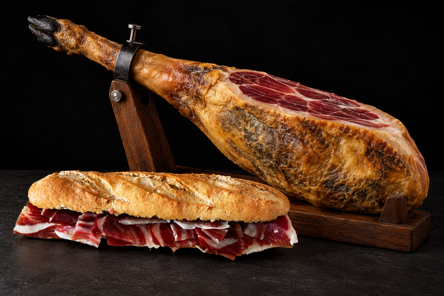 Ham baguette beside a whole cured ham leg on its stand, against a shared dark background